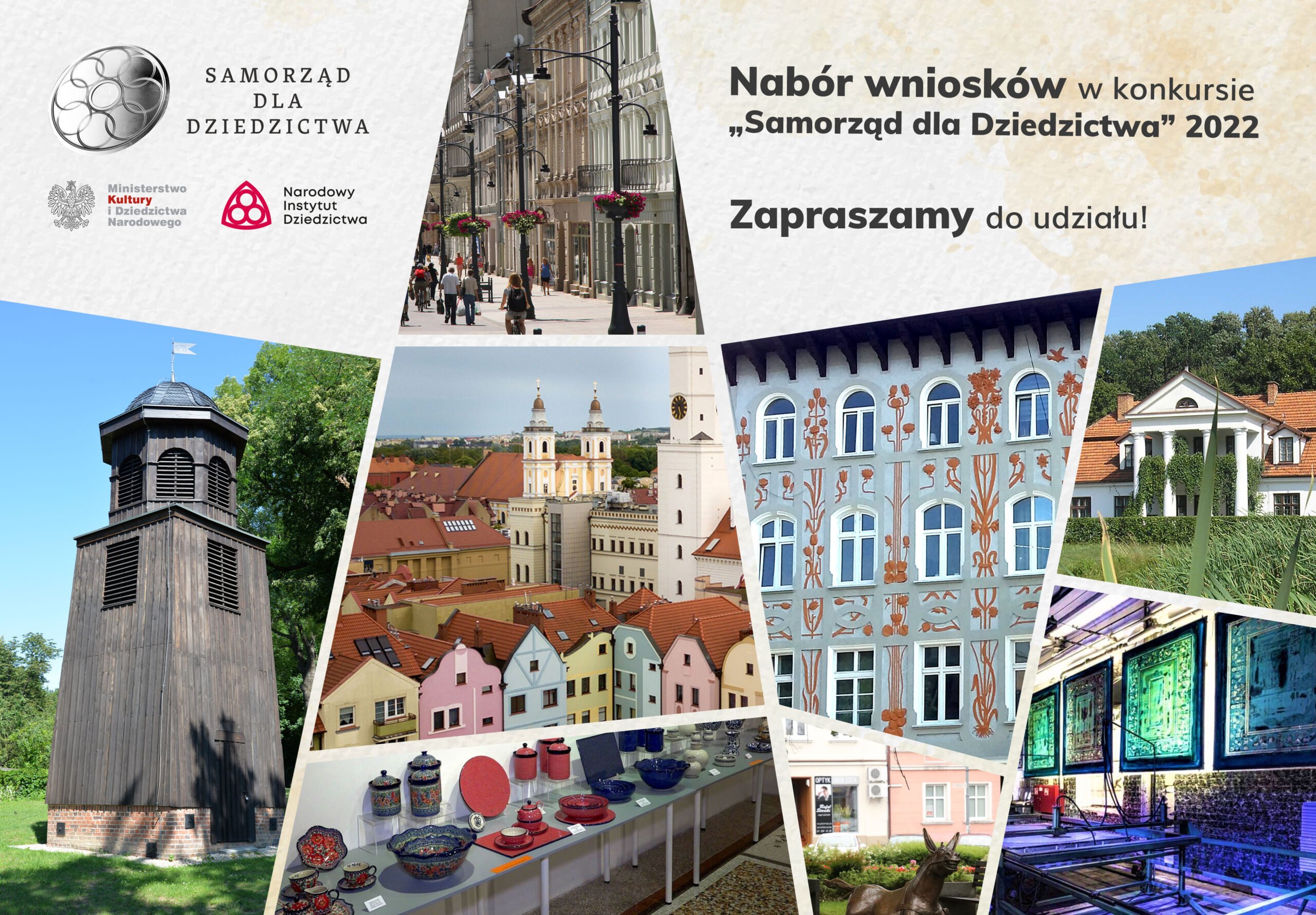 Grafika promująca konkurs w postaci mozaiki zdjęć zabytków z napisem nabór wniosków w konkursie samorząd dla dziedzictwa 2022 zapraszamy do udziału